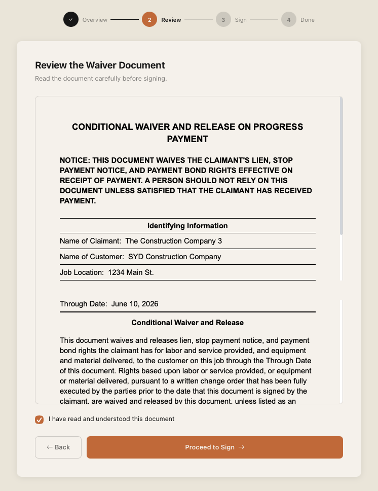 WaiverFlow waiver review — read document and proceed to sign